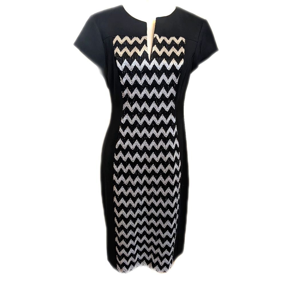 Connected Apparel short sleeve black knee length dress w/ chevron sparkle 10